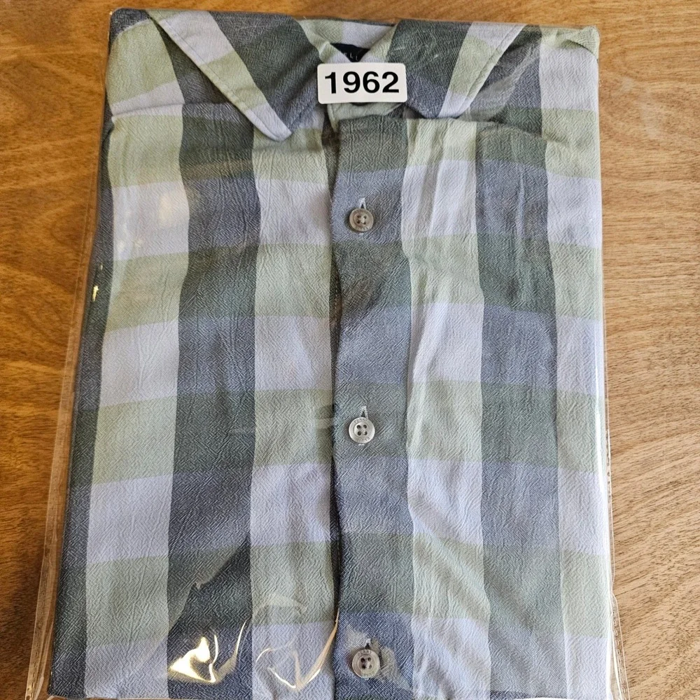 Perry Ellis Mens XXL Blue Green Plaid Viscose Long Sleeve Roll Tab Button Shirt
